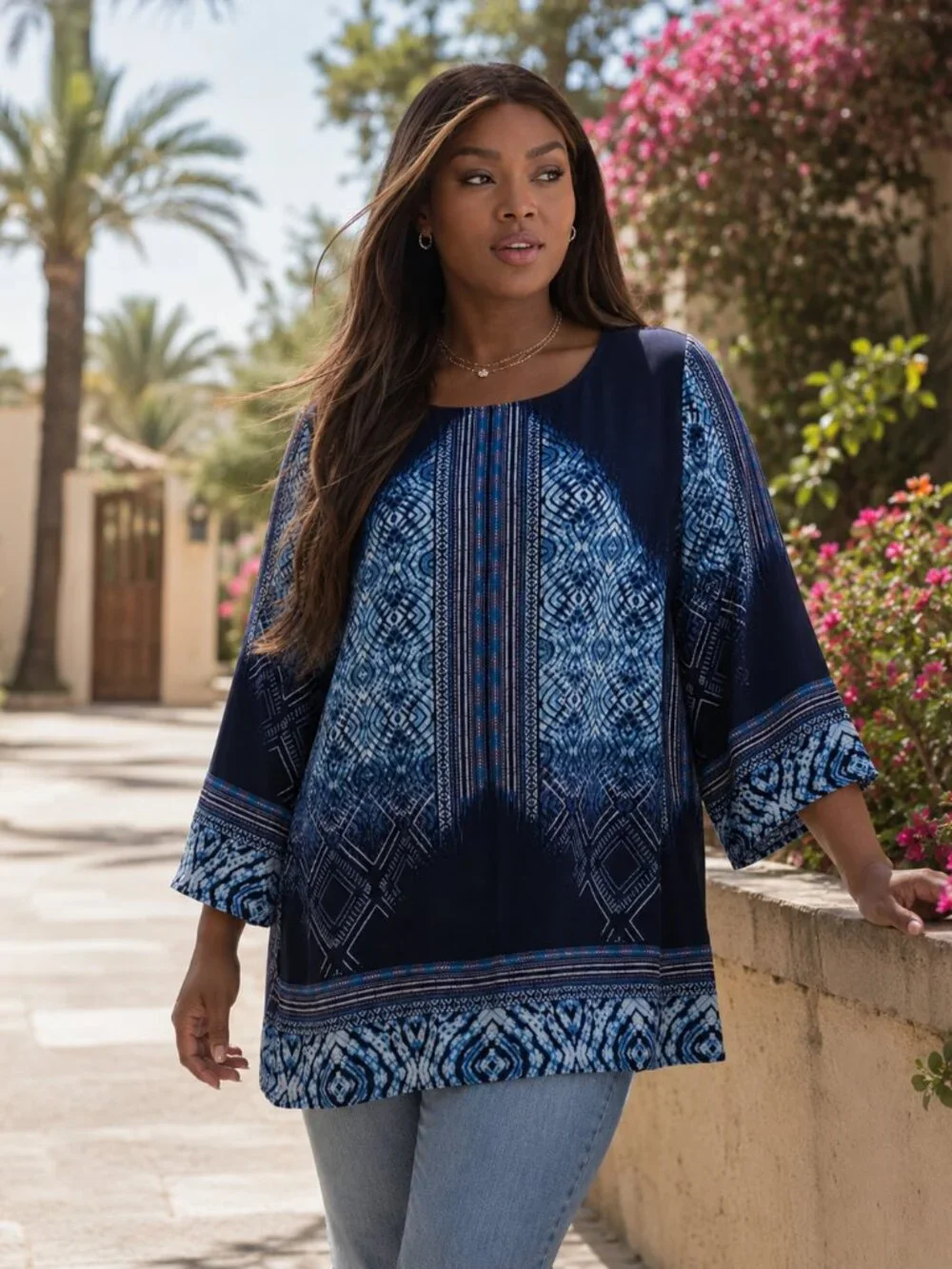 ROSE + OLIVE Batik Blue Tie Dye Tunic Top 1X Plus Tribal Boho Blouse Shirt